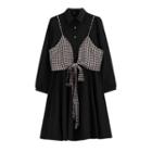 Set : Long-sleeve Plain Shirtdress + Plaid Camisole Top