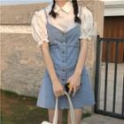 Puff-sleeve Plain Blouse / Denim Pinafore Dress