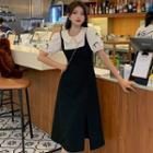 Mock Two-piece Puff-sleeve Peter Pan-collar Slit Midi Dress