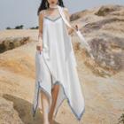 Set: Spaghetti Strap Floral Embroidered A-line Dress + Sash