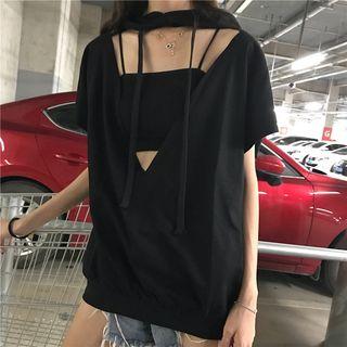 Short-sleeve Open Front Hooded T-shirt
