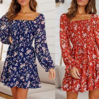 Puff Sleeve Floral Print Square-neck Tie-waist Dress