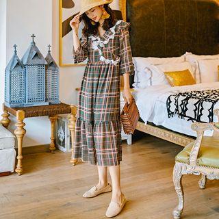 Plaid Long-sleeve Lace Ruffled Midi Chiffon Dress