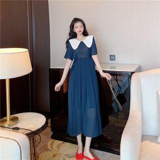 Sailor Neck Short-sleeve Plain Midi Dress