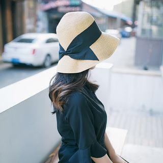 Bow-accent Foldable Sun Hat Bow - Black - One Size