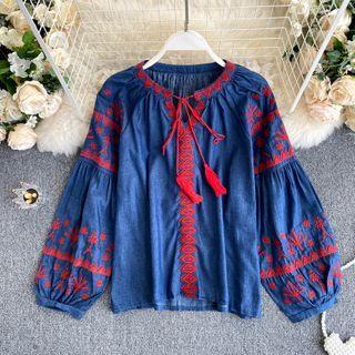 Embroidered V-neck Fringe Lace-up Strap Puff-sleeve Top