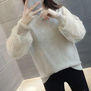 Mock Two-piece Lantern-sleeve Mesh Pullover