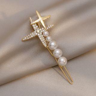 Star Rhinestone Faux Pearl Hair Clip Gold - One Size