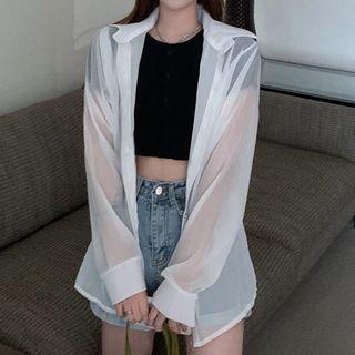 Long-sleeve Plain Button-up Chiffon Light Shirt