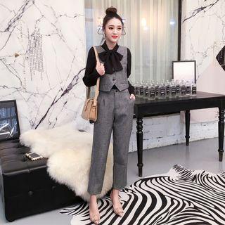Set: Buttoned Vest + Chiffon Shirt + Cropped Dress Pants