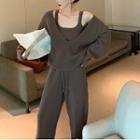 Crop Tank Top / Wide V-neck Loose Knit Top / Wide-leg Pants