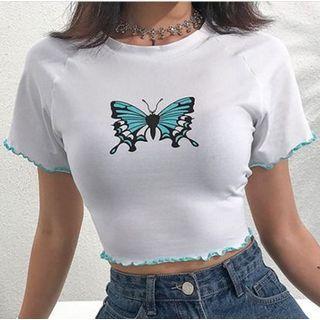 Short Sleeve Ruffled-trim Butterfly Print Crop Top