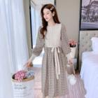 Long-sleeve Printed Knit Panel A-line Dress