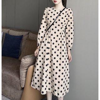Long-sleeve Polka Dot Midi A-line Dress Black Dots - Almond - One Size