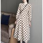 Long-sleeve Polka Dot Midi A-line Dress Black Dots - Almond - One Size