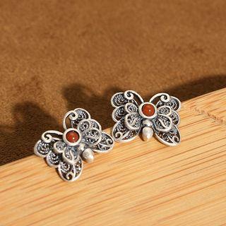 Butterfly Faux Gemstone Sterling Silver Earring 1 Pair - Silver & Red - One Size