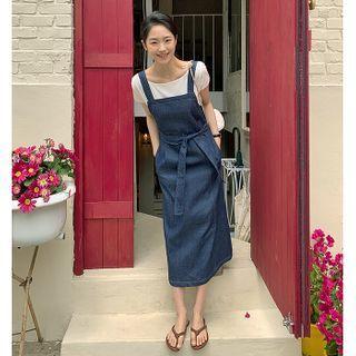 Denim Long Pinafore Dress With Sash Dark Blue - One Size