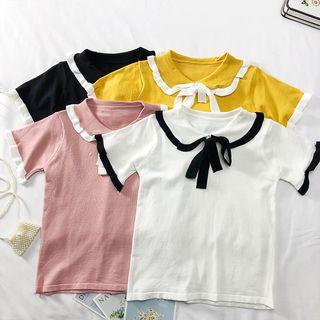 Contrasted Tie-neckline Plain Top