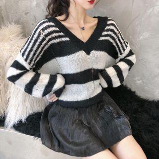 Striped V-neck Loose-fit Sweater As Figure - One Size