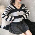 Striped V-neck Loose-fit Sweater As Figure - One Size