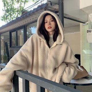Plain Faux Shearling Zip Hooded Oversize Jacket