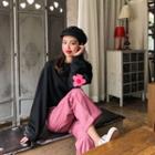 Flower Long-sleeve Loose-fit Sweatshirt / Plain Loose-fit Pants