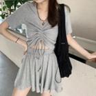 Set: Drawstring V-neck Cropped Top + Plain Wide-leg Sweatshorts