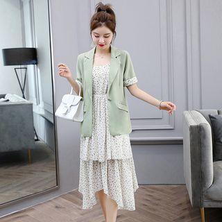 Set: Spaghetti Strap Patterned A-line Midi Dress + Short-sleeve Blazer