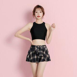 Halter Swim Top / Plaid Swim Skirt / Waterproof Pouch / Set