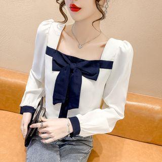 Square-neck Bow Accent Blouse