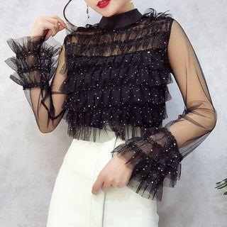Embellished Long-sleeve Layered Mesh Top