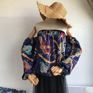 Puff-sleeve Printed Off-shoulder Blouse