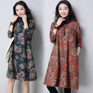 Floral Print Turtleneck Long Sleeve Dress