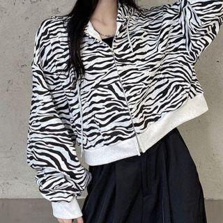 Zebra Print Cropped Zip-up Hoodie