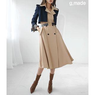 Color-block Flap Double-breasted Trench Coat Beige - One Size