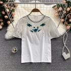 Round-neck Embroidered Puff-sleeve Top