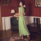 Flower Print Open Back Cap-sleeve Midi A-line Dress