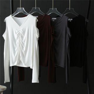 Ruched Cold-shoulder Long-sleeve T-shirt