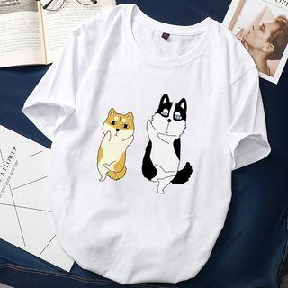 Couple Matching Elbow-sleeve Cartoon Dog Printed T-shirt