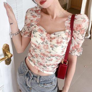 Puff-sleeve Square-neck Floral Ruched Blouse