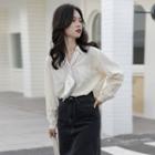 Long-sleeve Tie-neck Blouse Almond - One Size