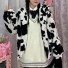 Cow Print Fluffy Hooded Zip Jacket Cow Print - Black & White - One Size
