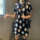 Short-sleeve Floral Knit A-line Dress Floral - Black - One Size