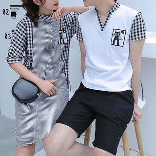 Couple Matching Gingham Panel Short-sleeve Shirt Dress / T-shirt