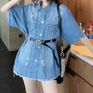 Elbow-sleeve Denim Shirt With Belt - Blue - One Size