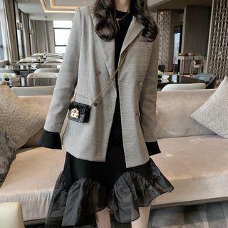 Double-breasted Plaid Blazer / Long-sleeve Mesh Panel Midi Dress