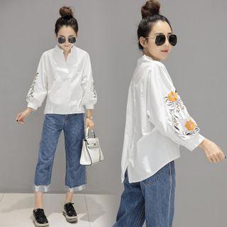 V-neck Embroidered Lantern-sleeve Blouse