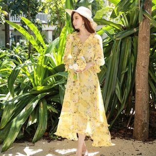 Flower Print Long-sleeve Midi A-line Dress Light Yellow - S