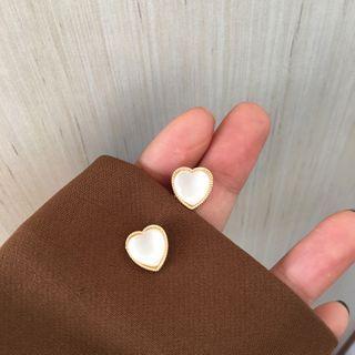 Faux Cat Eye Stone Heart Earring 1 Pair - S925 Silver Needle - Earring - Milky White & Gold - One Size