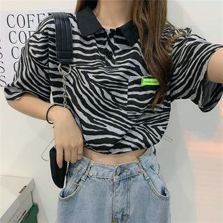 Elbow-sleeve Zebra Print Polo Shirt